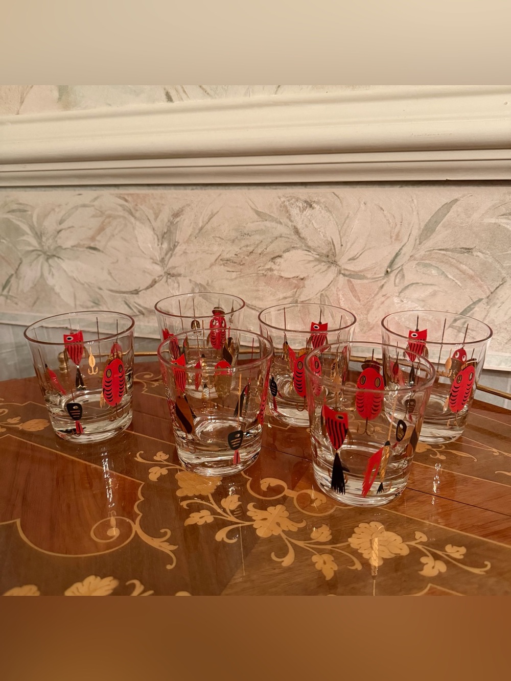 6 MCM Vintage Meth White Gold Fishing Lures Double Old fashioned Barware Glasses